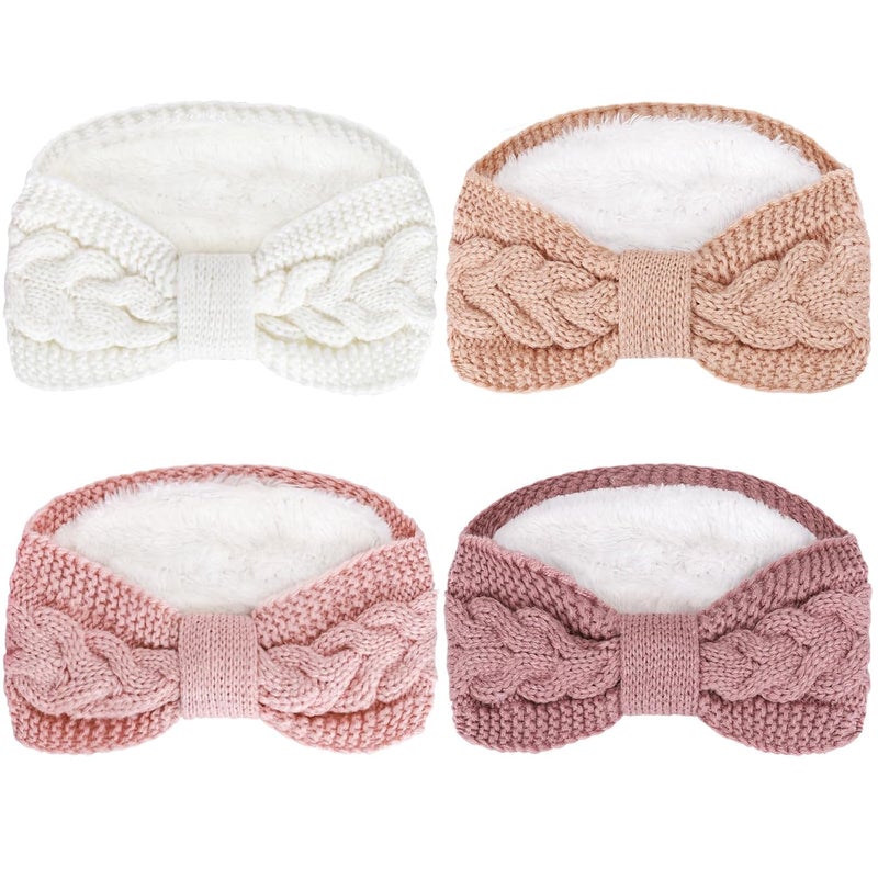 Whaline 4 Pack Twisted Knit Headband Winter Knotted Head Wraps Fuzzy Lined Headband Thick Crochet Turban Ear Warmer Elastic Hair Band Accessories for Women (White, Pink, Purple) - Image 1